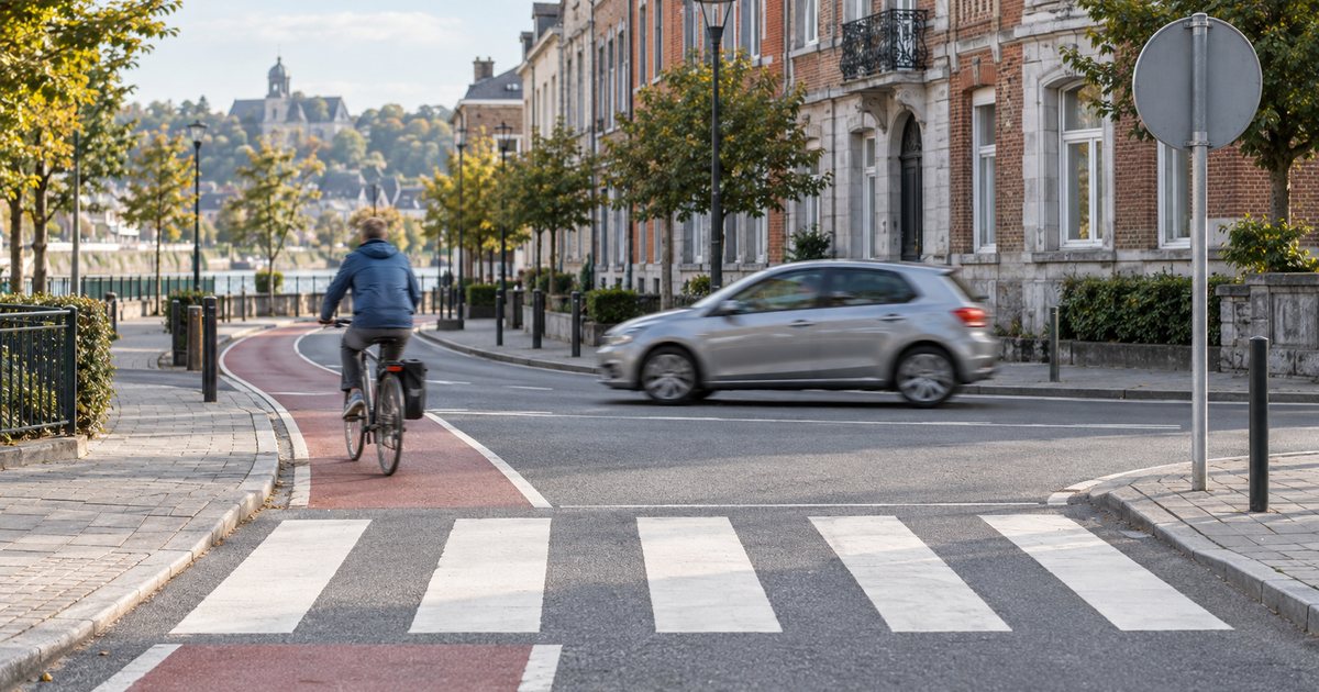 Illustration : carrefour en ville, cycliste sur une piste cyclable et passage pour piétons