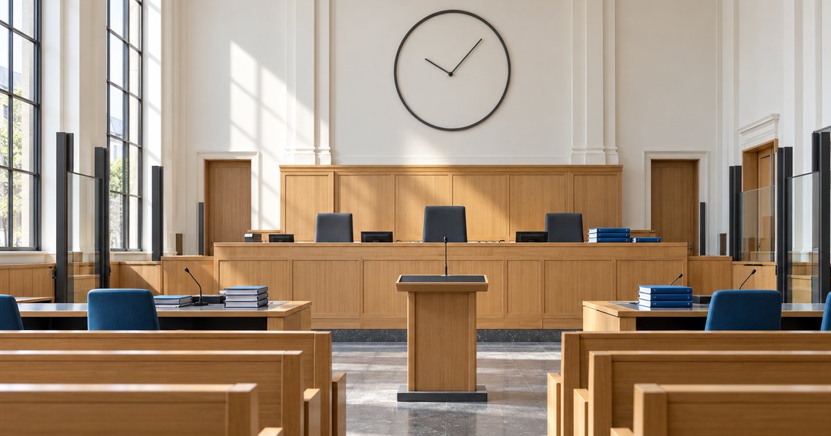 Illustration : salle d'audience vide et lumineuse, bancs en bois clair, siège du tribunal et grande horloge murale